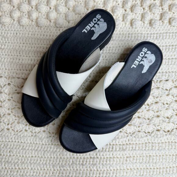 SOREL Womens 8.5 Cameron Puff Platform Slide Sandal Leather Black White Flatform - Picture 5 of 10